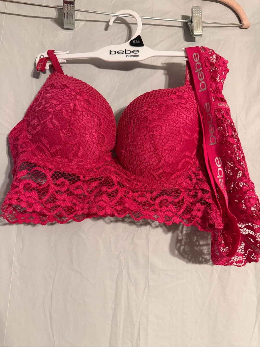Bebe Intimates Pink Lace Push Up Bra & Panty Set 36B Medium Logo Strappy
